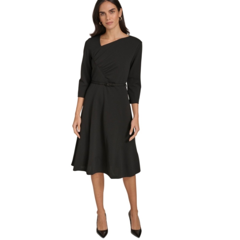 Calvin Klein Scuba Crepe Asym Rouched Neck MIDI with Belt Women's Dress Black